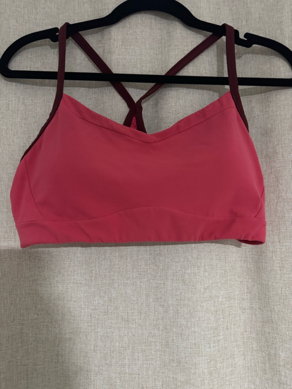 Athleta Pink Strappy Sports Bra with Burgundy Trim